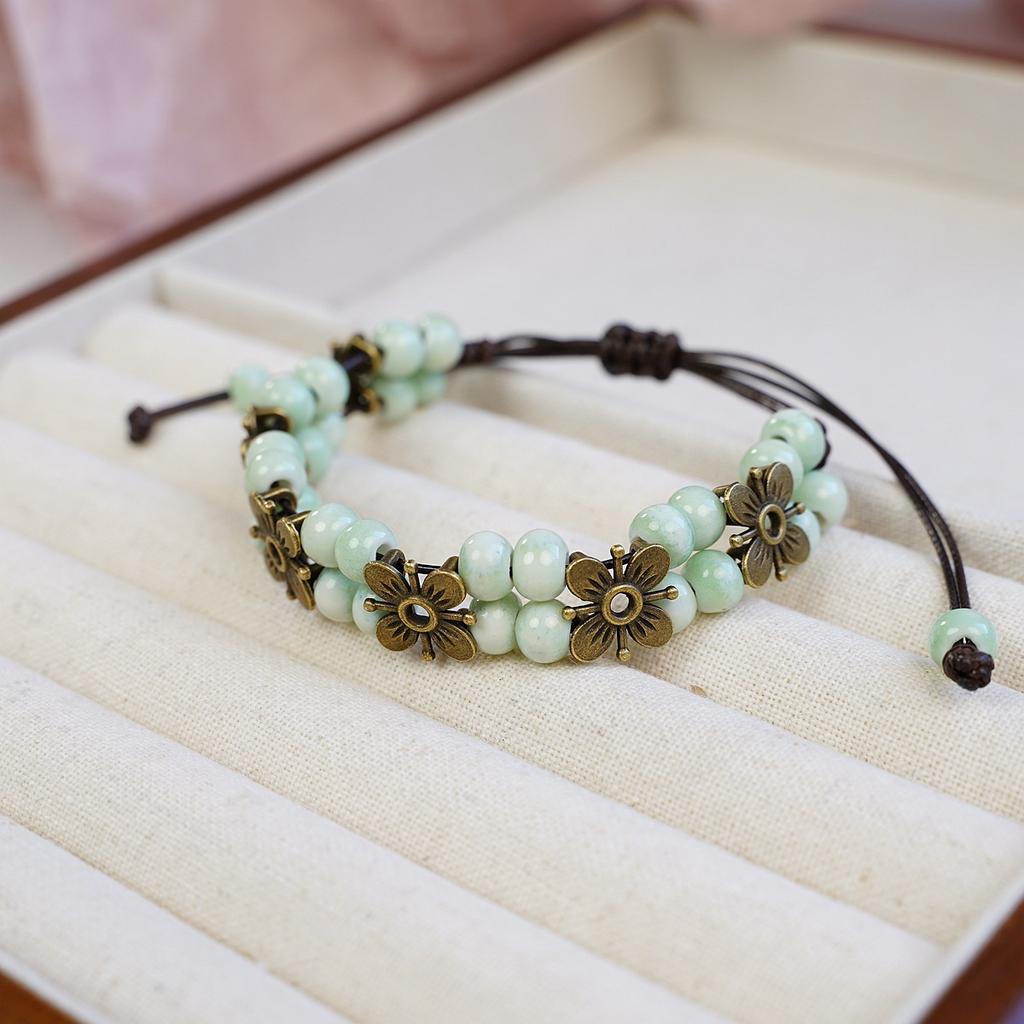 Cute Trendy Four-leaf Flower Double Layer Beaded Ceramic Bracelet for Women Charm  Adjustable Handmade Rope Weaving Jewelry Gift