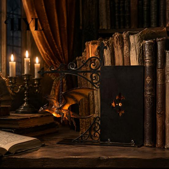 Dragon Sculpture with Stand Magical Flying Bookshelf Lamp, Warm Hanging Night Light, Fantasy Desk Wall Ornament Reading Nook Decor, Unique Gift
