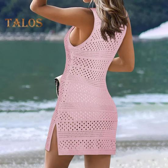 Women Knitting Beach Dress O Neck Sleeveless Solid Color Cover Up Dress Side Split Design Hollow Out Sunscreen Crochet Cover Up