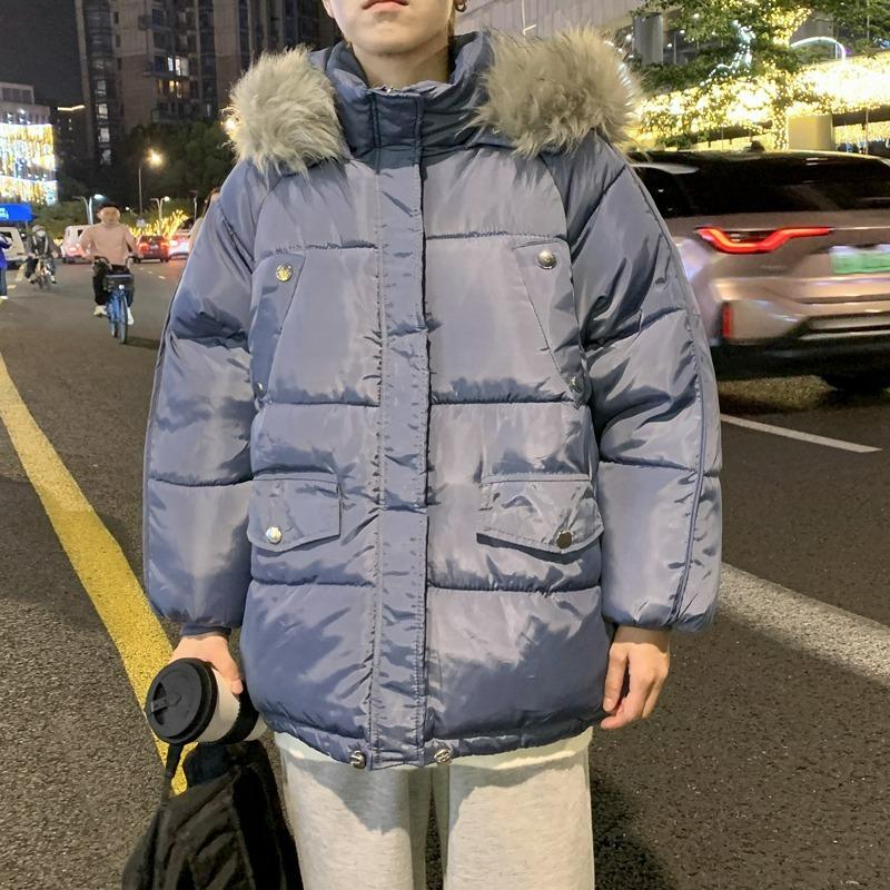 

Unisex Short Korean Style Down Cotton Winter Jacket - Thick, Loose, Padded Coat for Men & Women M синій
