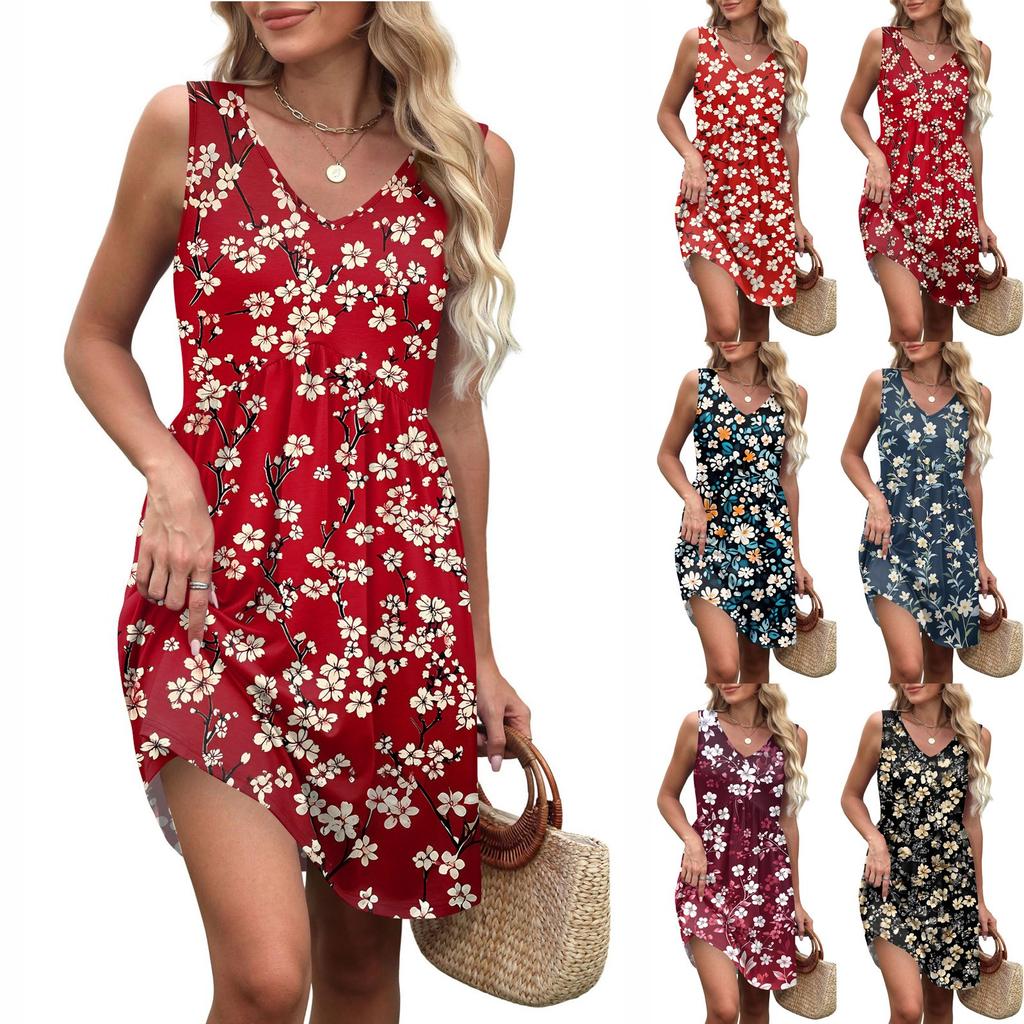 Damen V-Ausschnitt Lässig Strandurlaub Stil Vintage Einfarbig Ärmellos Splicing Kleider