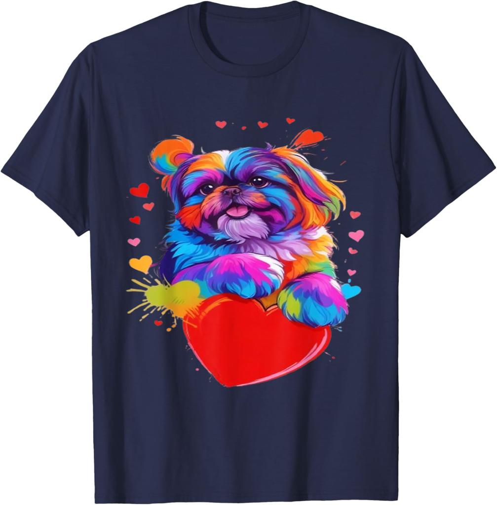 Colorful Shih Tzu Heart Graphic T-Shirt Cute Dog Lover Casual Short Sleeve Tee