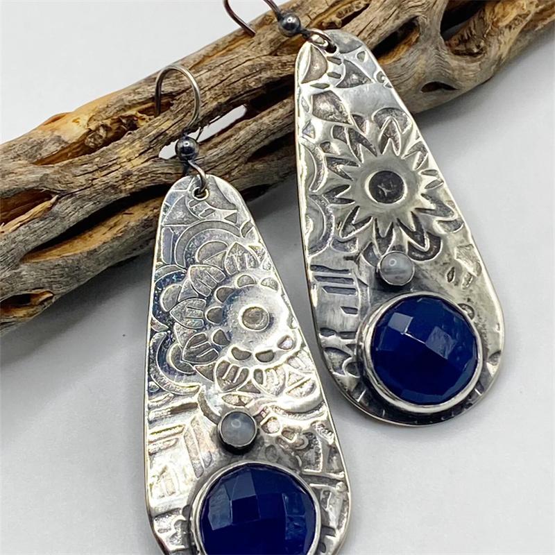 Vintage Silver Color Oval Flower Geometry Earrings for Women Long Dangle Earrings Wedding Engagement Jewelry