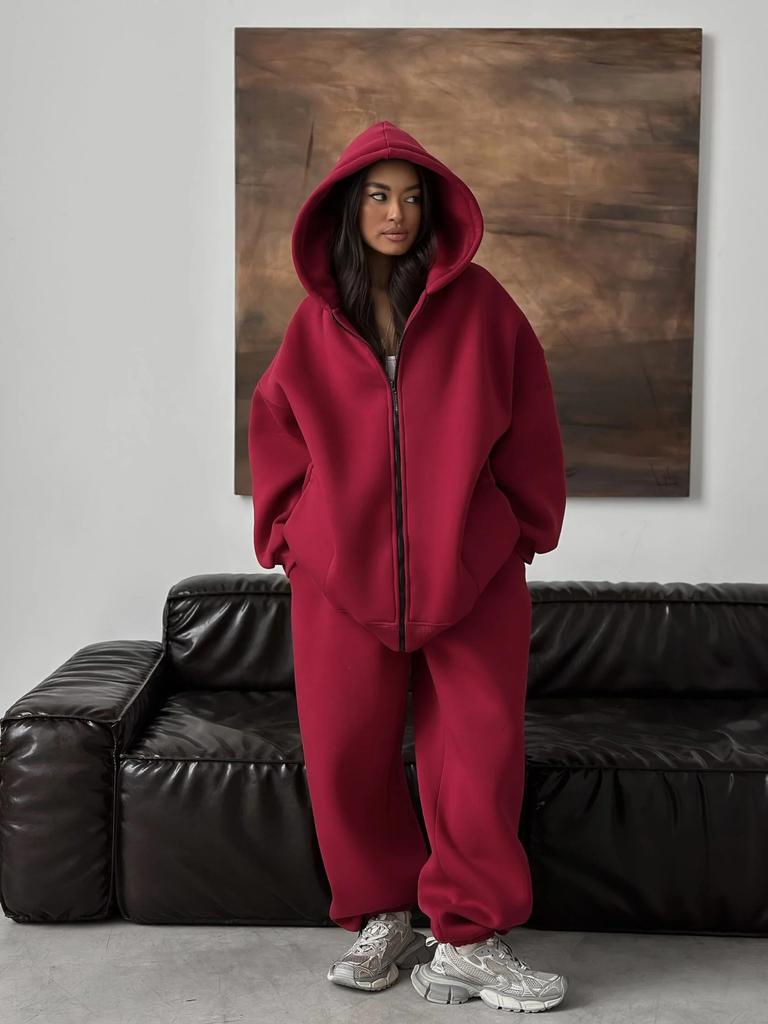 Completo casual in cotone europeo e americano, cardigan con cappuccio e cerniera a maniche lunghe tinta unita, giacca taglie forti, pantaloni elasticizzati set da due pezzi per donna