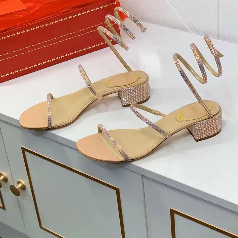 Winding Sandals Women's 2025 New Gold Word with Rhinestones Fairy Wind Thick Heel Open Toe Women's Shoes