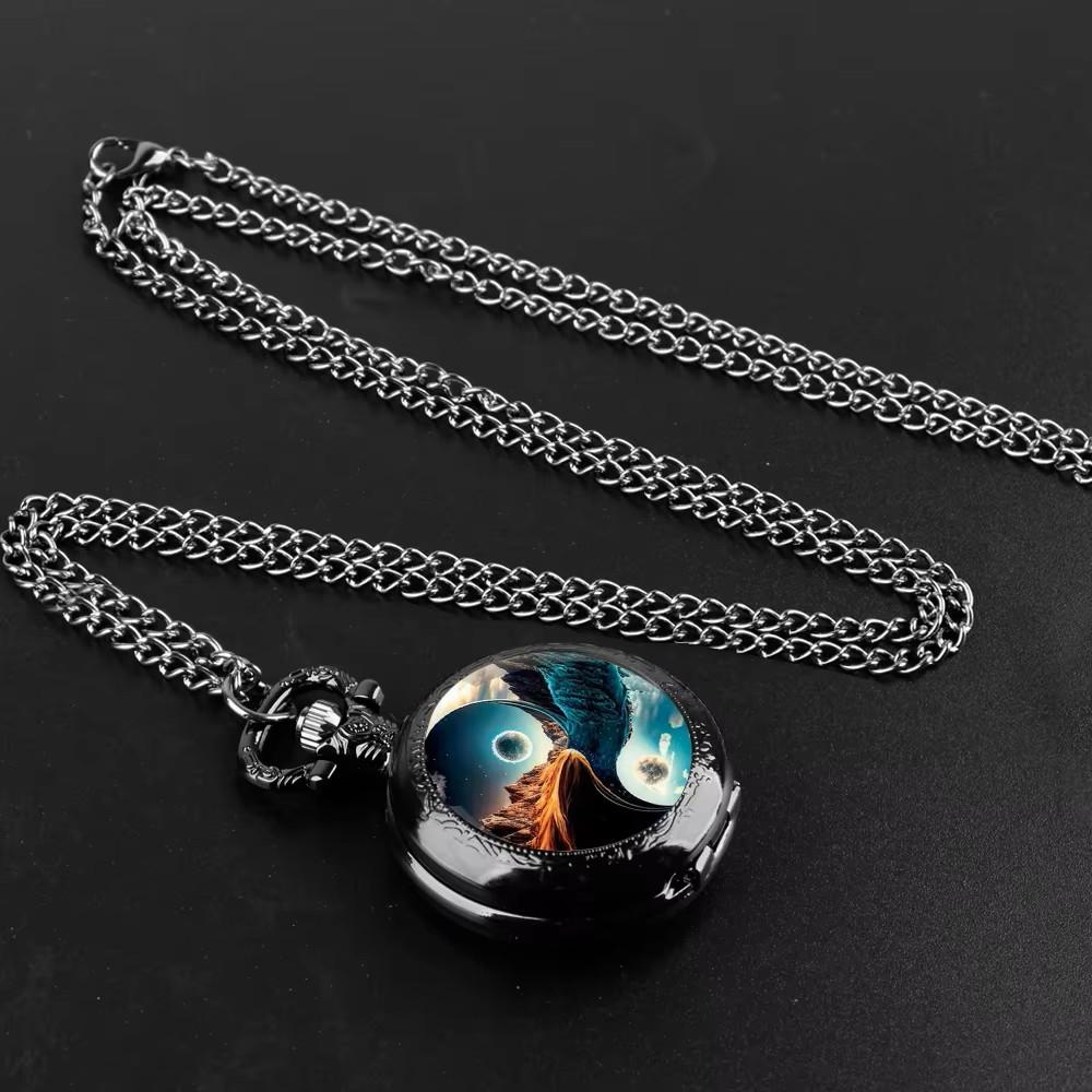 Vintage Retro Schwarz Doppelberg Yinyang Quarz Unisex Herren Damen Taschenuhr Quarz Halskette Anhänger Uhr Kette Lässig Klassisches Zifferblatt Schmuck Geschenk