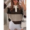 Vintage Color Block Striped Polo Neck Loose Fit Drop Shoulder Long Sleeve Knit Sweater For Women