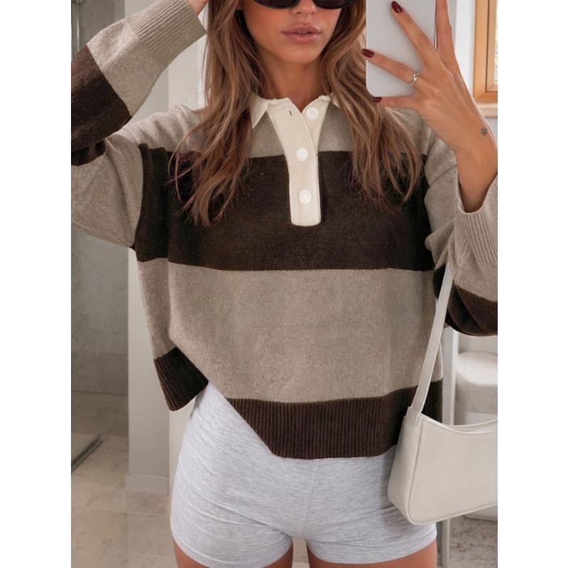 Vintage Color Block Striped Polo Neck Loose Fit Drop Shoulder Long Sleeve Knit Sweater For Women