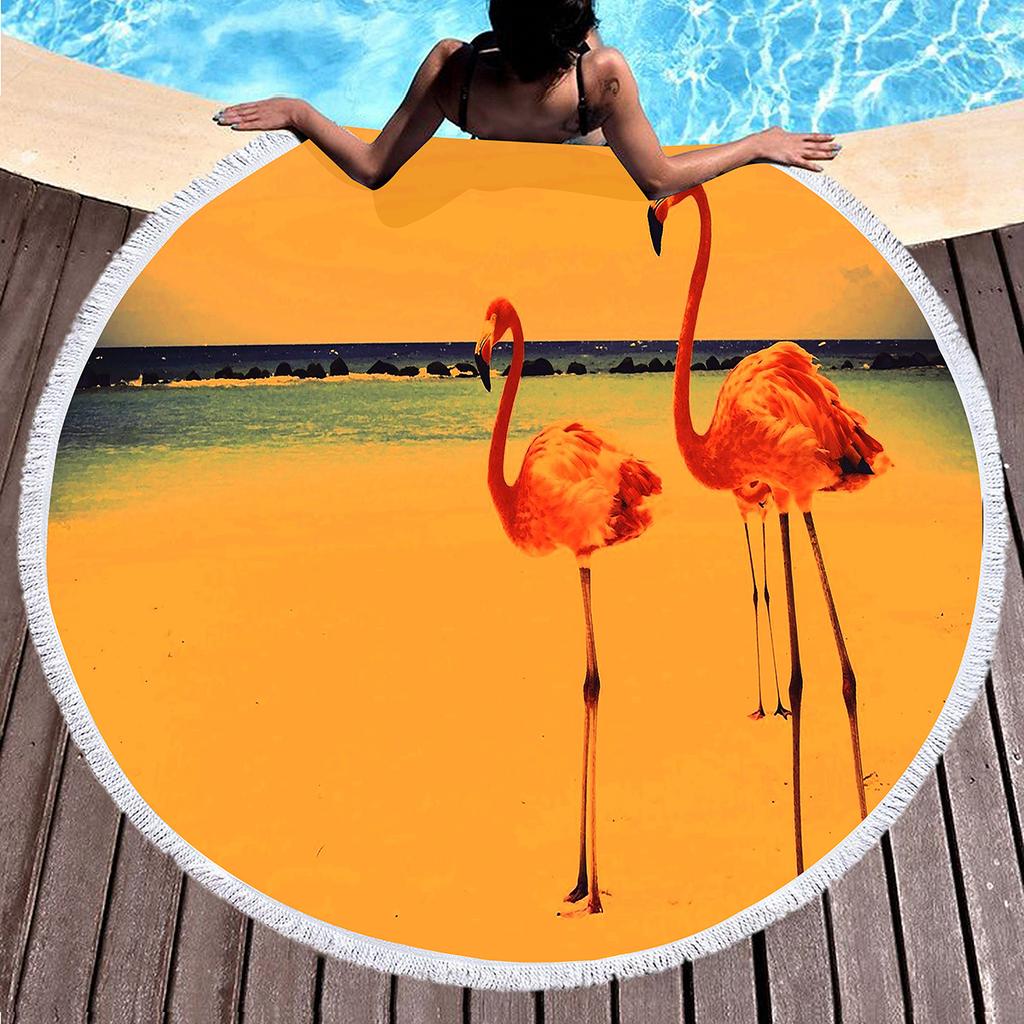 Tropical Flamingo Print Round Beach Towel, Hawaiian Beach Blanket Sand Free Quick Dry Hippie Boho Circle Bath Towel Yoga Mat