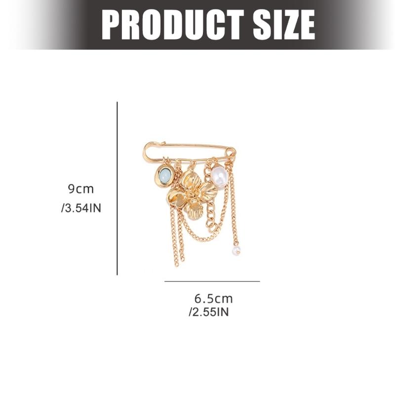 Gold Tone Flower Pin with Bead Drop Details and Chain Drape, Decorative Safety Pin Outfit Detail for Dresses, Knitwear, Scarves and Jackets