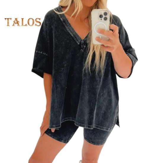 2 Teile/satz Frauen Sommer Sportswear-Set V Neck Side Split Kurzen Ärmeln Lose T-shirt Elastische Taille Mini Hosen Set Trainingsanzug Sport kleidung