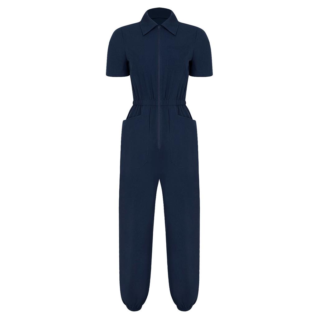 Damen Kurzarm Chirurgenanzug Mehrere Taschen Reißverschluss vorne Elastische Taille Jogginghose Medizinische Uniform