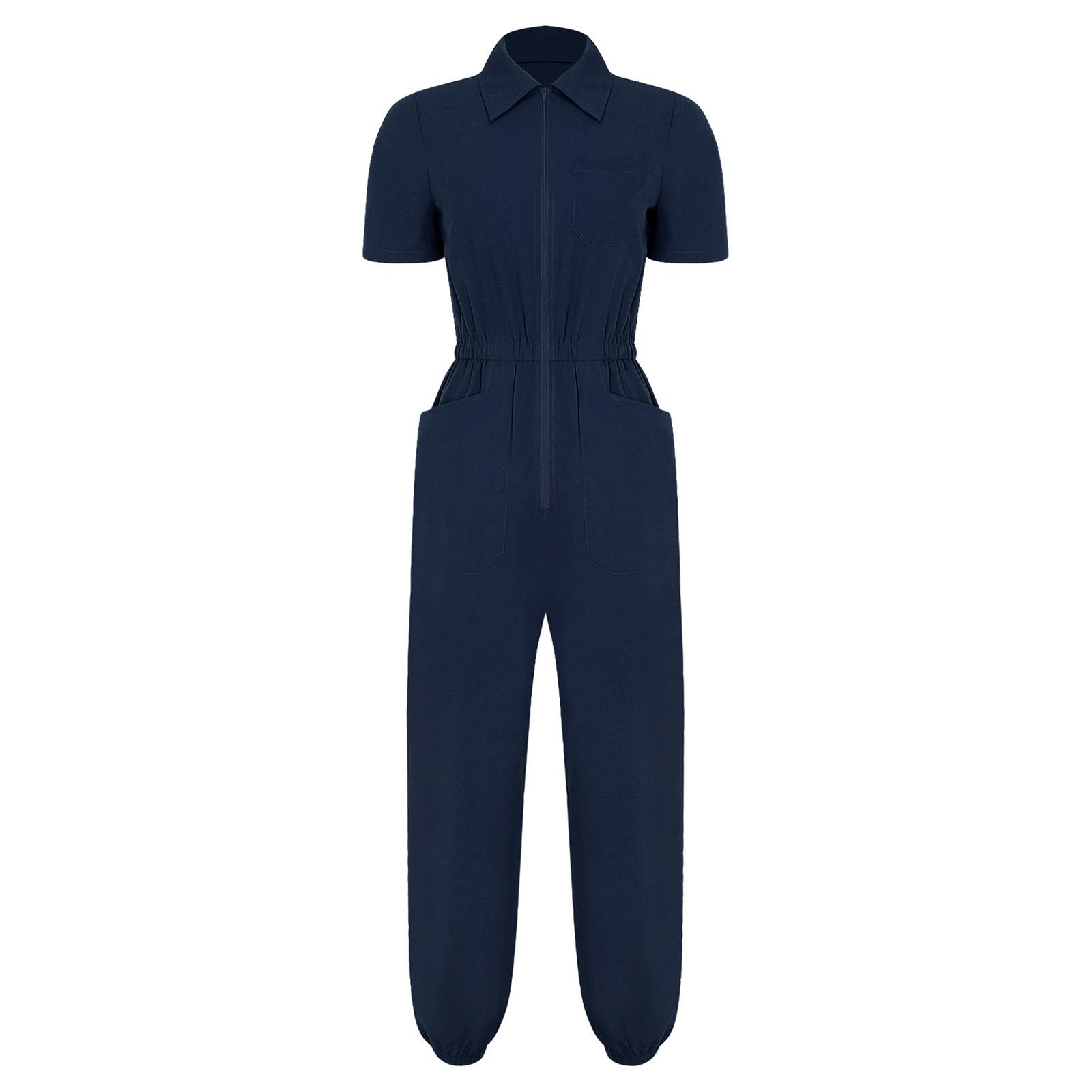 

Womens Short Sleeve Scrubs Jumpsuit Multi Pocket Front Zipper Elastic Waist Jogger Pants Medical Uniform S темно-синього кольору