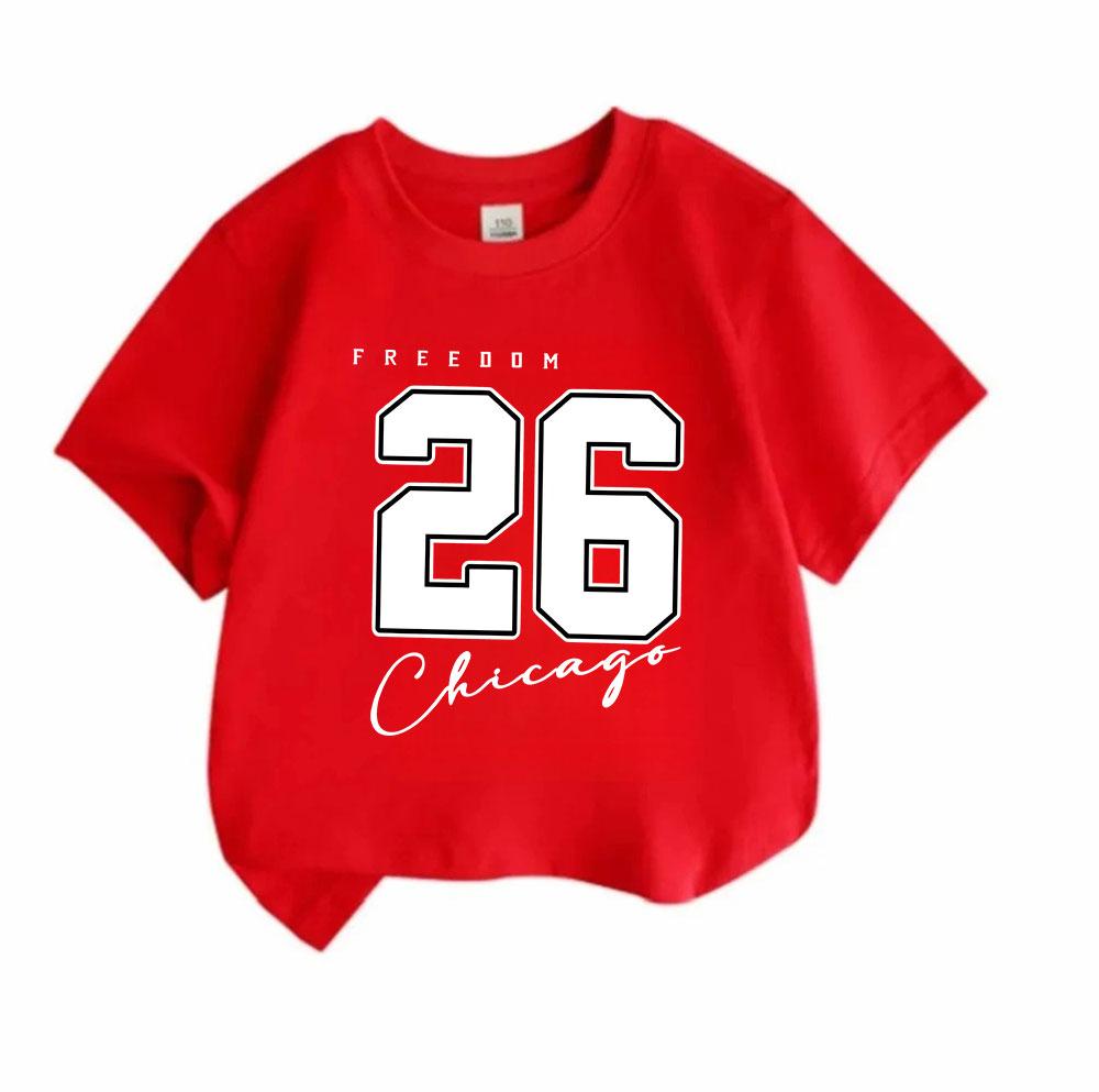 Kids Boys Girls 100% Cotton Crew Neck Short Sleeve T-Shirt, Freedom 26 Chicago Print Casual Summer Comfortable Soft Daily Tee for Children