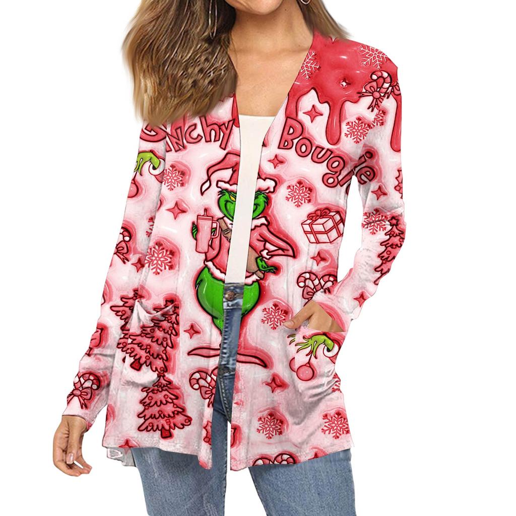 Women's Fashion Christmas Print Long-Sleeved Pocketed Slim-Fit Cardigan Coat