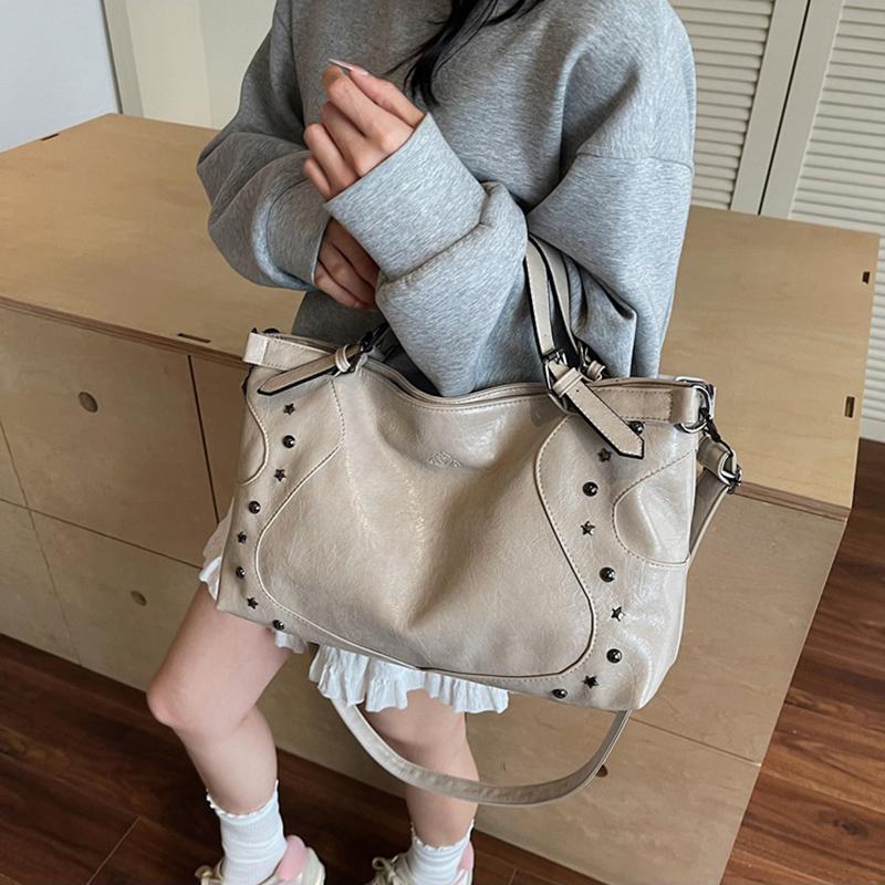 Women's Fashion Y2K Hot Girl Motorcycle Bag Vintage Solid Color Large Capacity Rivet Decor Shoulder Crossbody Bag CLE