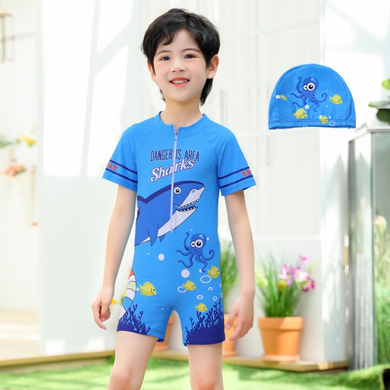 New Boys' One-Piece Cartoon Swimsuit: Cute, Quick-Drying Sun Protection for Toddlers to Big Kids