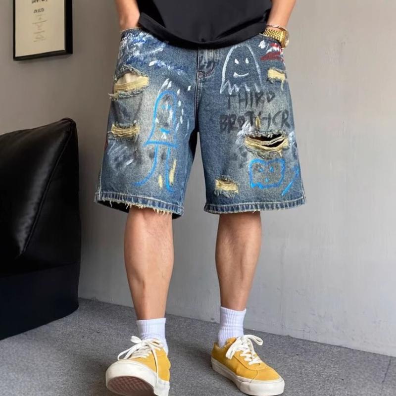 Men s Ripped Denim Shorts New Summer Style Fashionable Loose-Fit Cropped Denim Shorts S