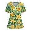 Women's Loose Short Sleeved Fashionable Flowers And Plants Printing V-neck Buttonable Side Slit Top T-shirt