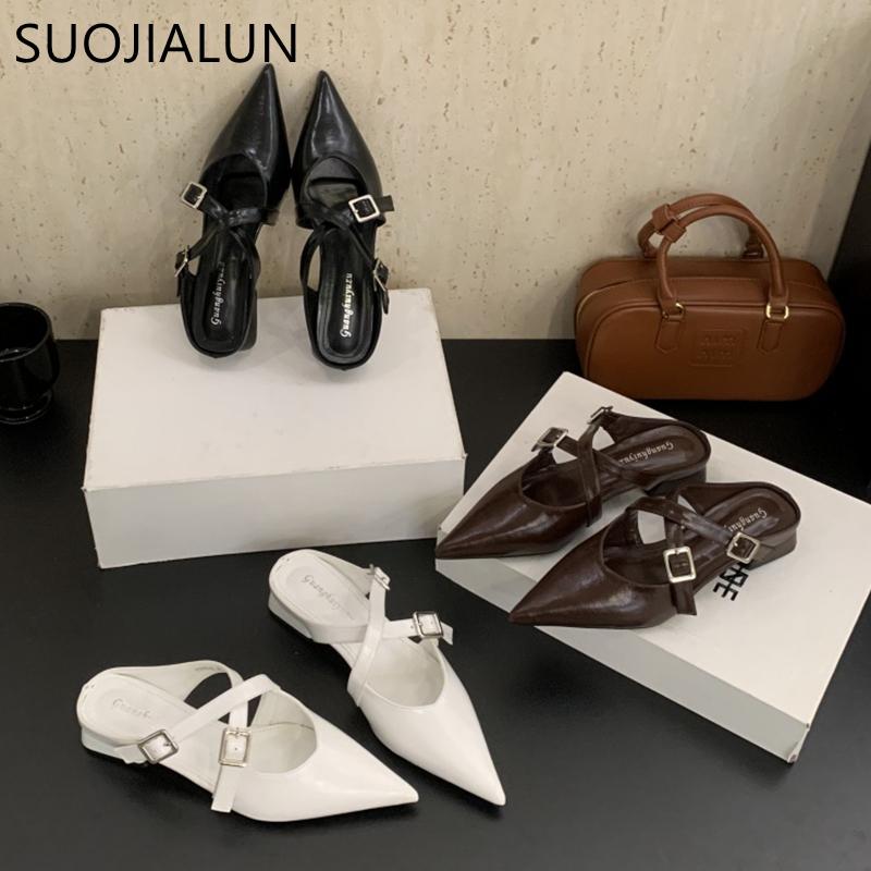 Fashion SUOJIALUN 2025 Autumn Women Flat Heel Slipper Fashion Pointed Toe Slip On Mules Shoes Soft Casual Outdoor Dress Sandal Slides Sh