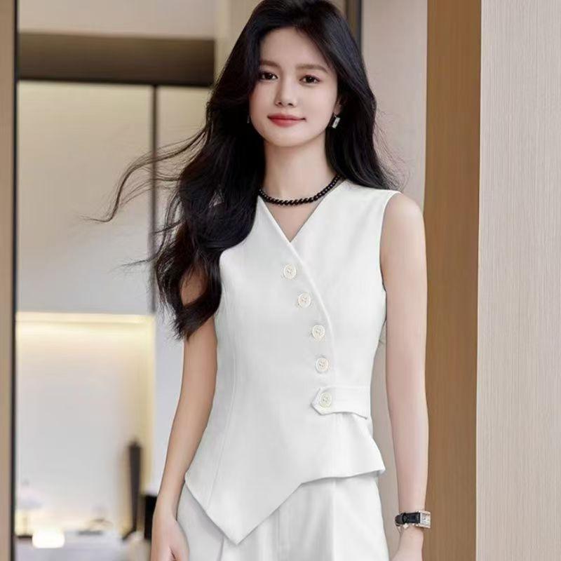 Women Sleeveless V-Neck Suit Vest Asymmetrical Single Breasted Button Pocket Slim Fit Commuter Waistcoat