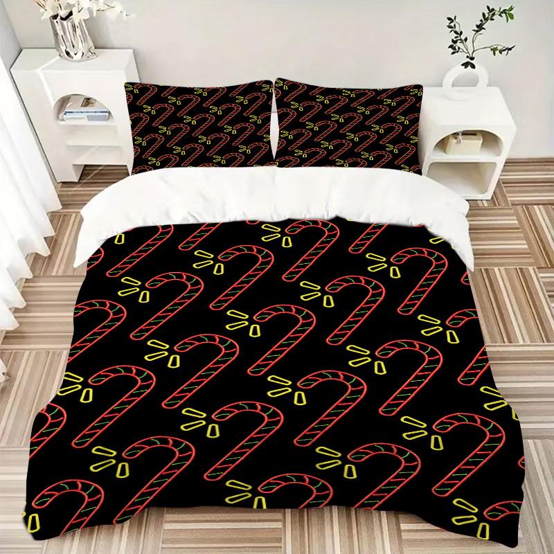 3Pcs Candy Cane Pattern Printed Bedding Set, Breathable And Soft, Machine Washable, Christmas Gift, Suitable for Bedroom Decoration, 15142