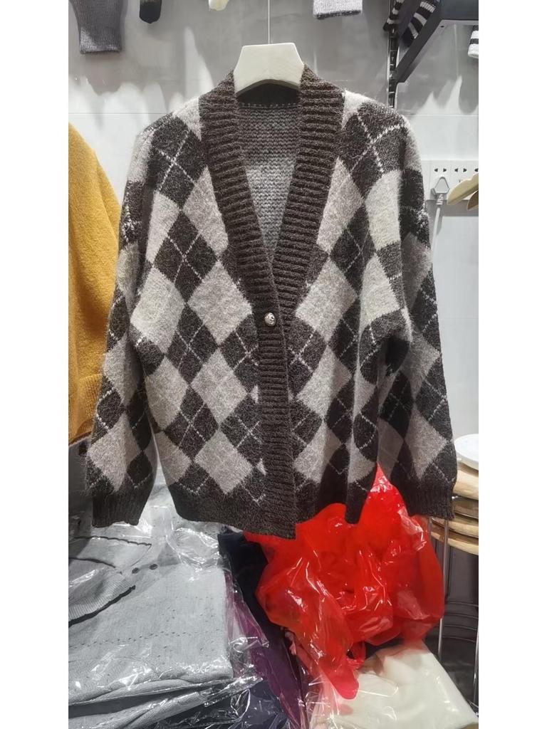Argyle Strick Nerz Fleece Pullover Cardigan - Gemütliche Herbst-/Winterbekleidung