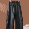 Womens Low Waist Cargo Pants Streetwear Loose Straight Leg Leather Solid Color