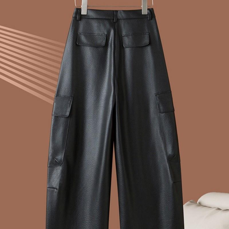 Womens Low Waist Cargo Pants Streetwear Loose Straight Leg Leather Solid Color