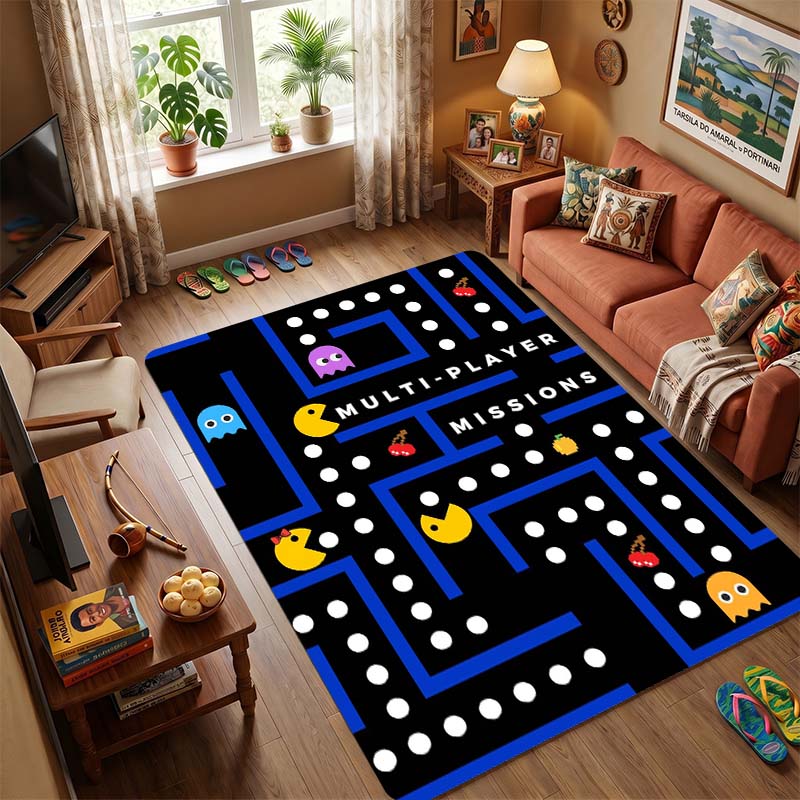 Pac-Man Retro Arcade Game Area Rug, Non-Slip Soft Floor Mat for Living Room Bedroom, Vintage 80s Game Carpet for Kids Room and Gamer Home Decor