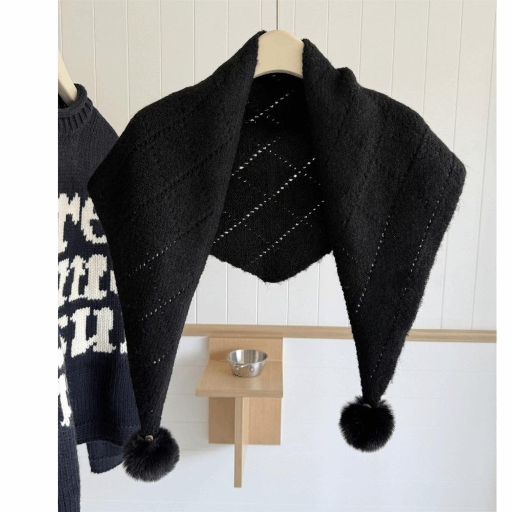 Soft Knitted Triangle Shawl with Pom Poms Yarn Shoulder Wrap Winter Neck Scarf  Daily Casual Wear