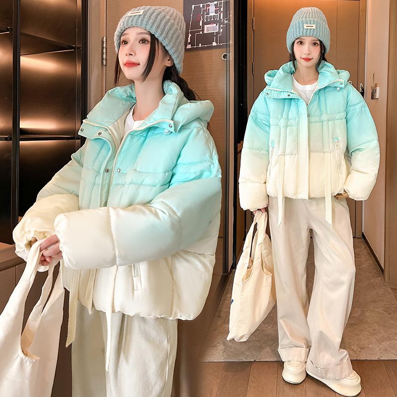 Pink gradual change hooded down cotton clothes women's winter new short small design sense dopamine jacket