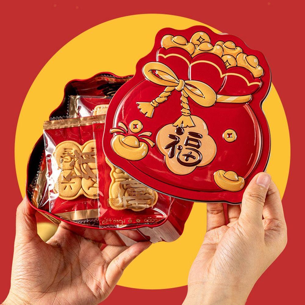 Durable Tinplate Package Box Cartoon Gift Bag Red Gift Box Blessing Words Thicken Packing Box Chinese New Year