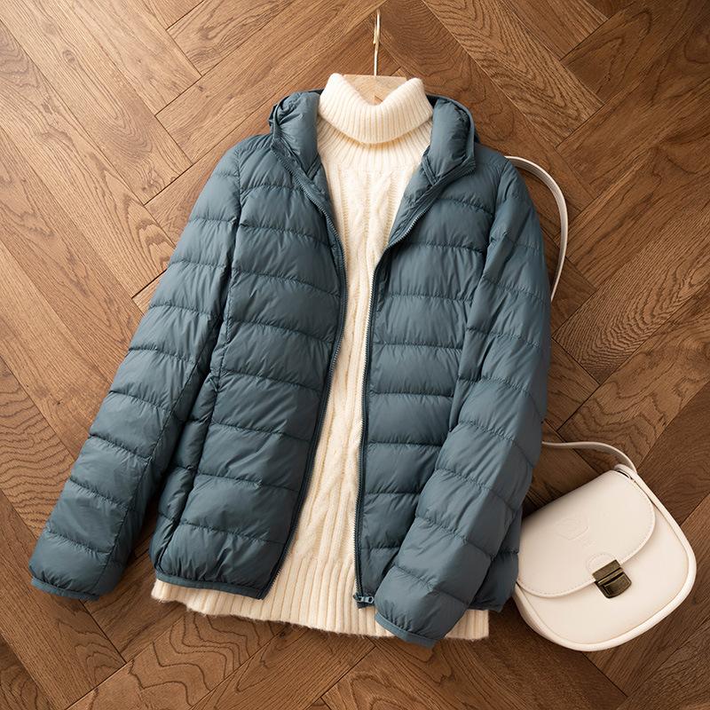 Weiße Entendaune leichte Daunenjacke Damen kurz neu leicht warm Mode Kapuze leichte Jacke