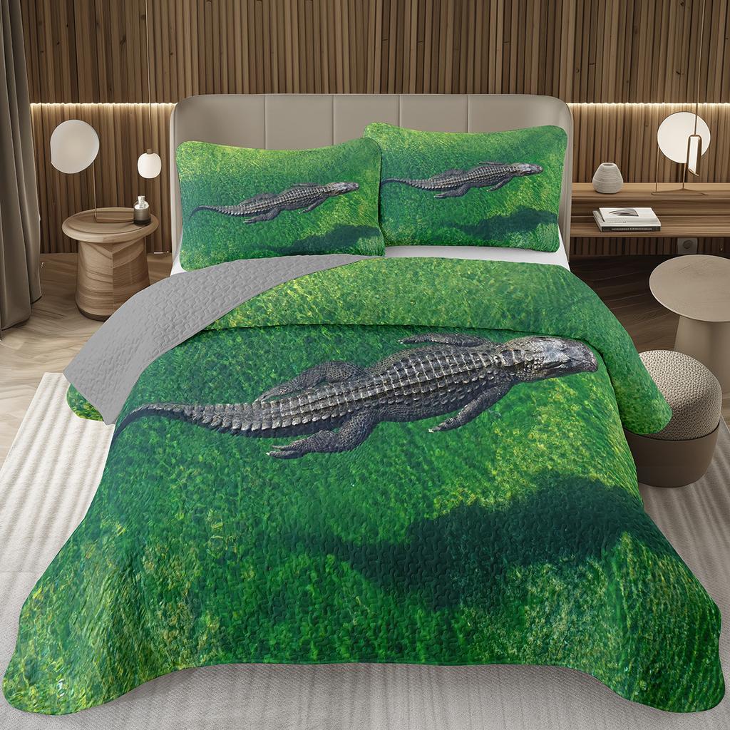 Teens Krokodil Tagesdecke Alligator Muster Tagesdecke Set Full Queen Größe Wildtier Gestepptes Bettwäscheset für Kinder Jungen Mädchen