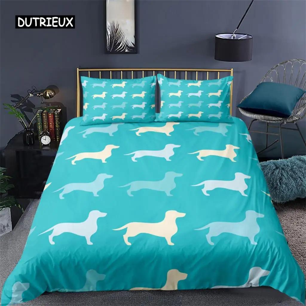 Set Biancheria da Letto per Bassotto Cane Cartone Animato Carino Colorato Copripiumino Cucciolo Coperta Trapuntata in Poliestere Decorazioni Camera da Letto Cane Animale Regina King