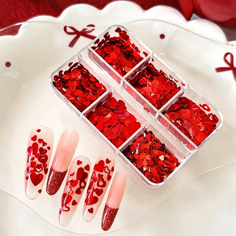 1 Set Shiny Mix Laser Nail Flakes 3D Leaf Nail Decoration 6 Grids Holographic Red Leaves Nail Glitter Sequins