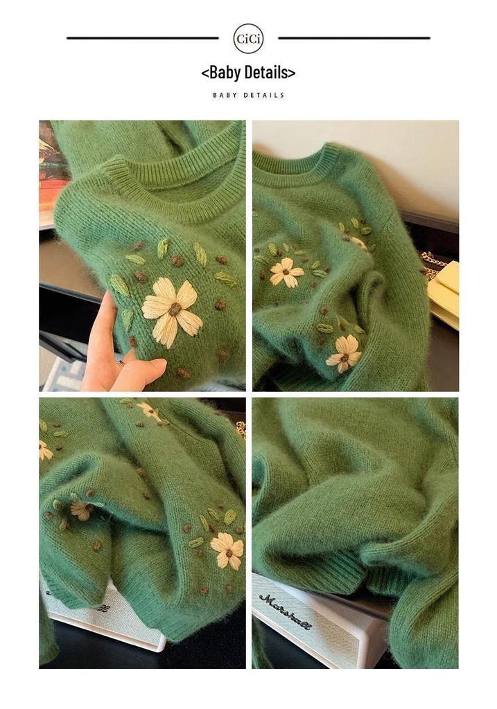 Women's Autumn 2026 Retro Green Floral Embroidered Soft Round Neck Sweater - Loose Lazy Style Knit Top