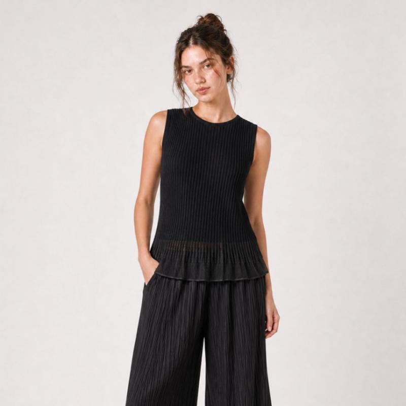 Maribon Sheer Frill Ribbed Knit Sleeveless Top 3 Types Select 1
