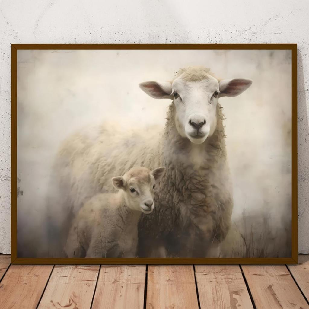 Canvas Painting A Vintage Style Ewe and Lamb Pattern Suitable for Farmhouse Themed Decoration