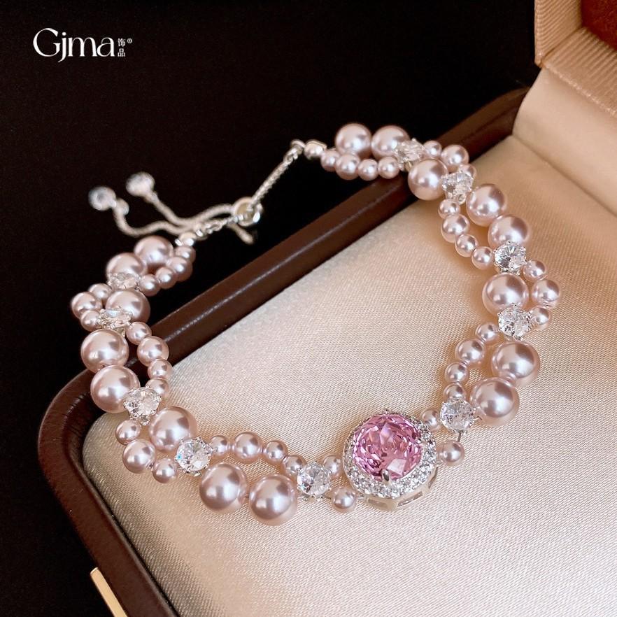Korean sweet zircon geometric double-layer splicing pearl bracelet bracelet fashion exquisite jewelry women