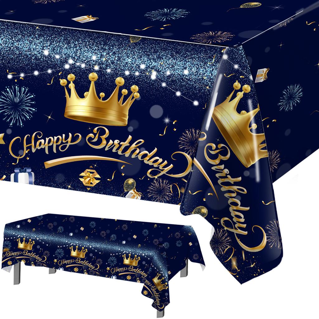 220x130cm Blue Gold Crown Disposable Tablecloth Birthday Party Decor for Men Women Years Old Table Cover Birthday Party Supplies