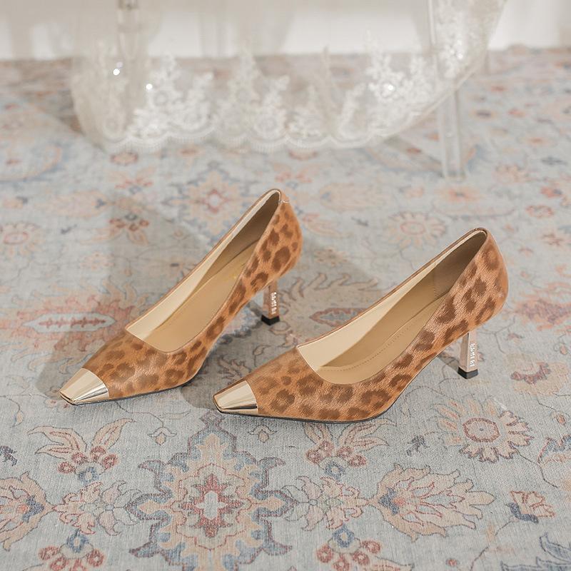 French Single Shoes Women's Fine Heels Spring and Autumn 2025 New Versatile Metal Head Leopard Print Retro Temperament Light Mouth High Heels