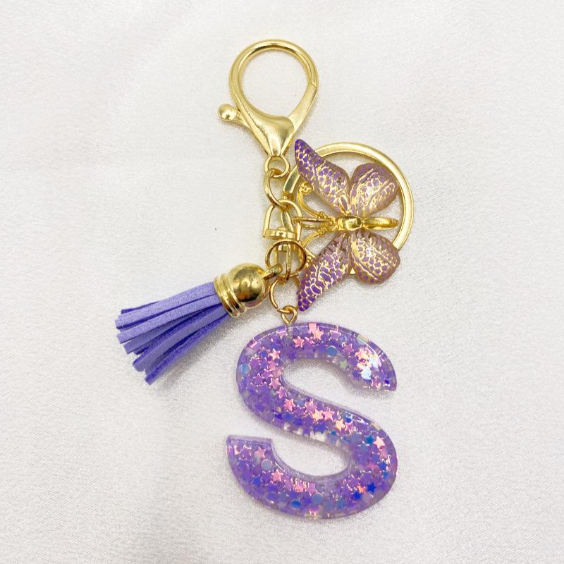 26-Letter Alphabet Resin Keychain with Star Sequins & Tassel Charm