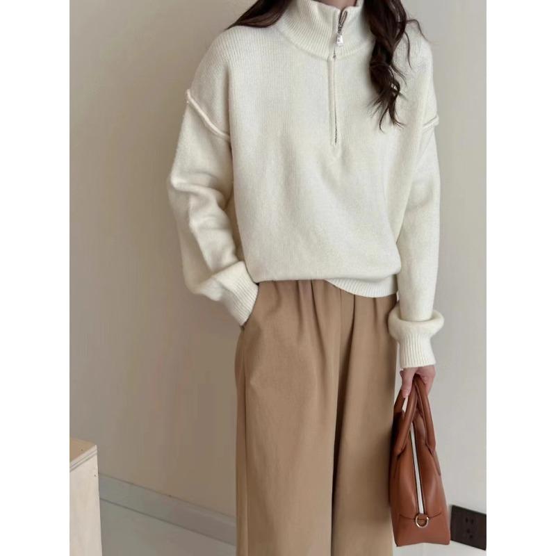 Autumn and winter new simple style loose and thin sweater jacket women lazy double zipper stand-up collar knitted cardigan women