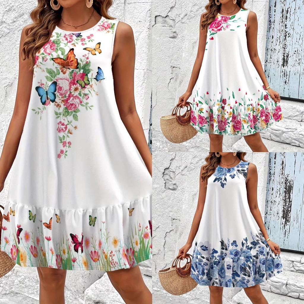 Ärmelloses bedrucktes Kleid Damen Sommer Blume Schmetterling A-Linien-Kleid Urlaub Locker Freizeit Weich