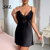 Vêtements de nuit élégants pour femmes, Robe de nuit en satin pour femmes, Chemise sexy à col en V, Robe de nuit complète avec jarretelles, Chemise de nuit à bretelles, Sans manches, Dentelle transparente, Mini