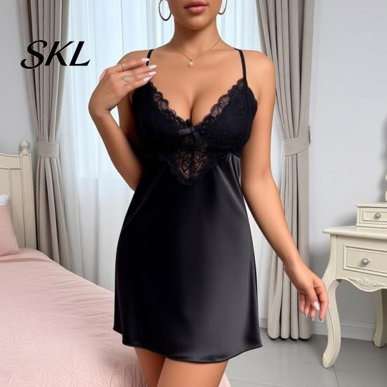 Vêtements de nuit élégants pour femmes, Robe de nuit en satin pour femmes, Chemise sexy à col en V, Robe de nuit complète avec jarretelles, Chemise de nuit à bretelles, Sans manches, Dentelle transparente, Mini