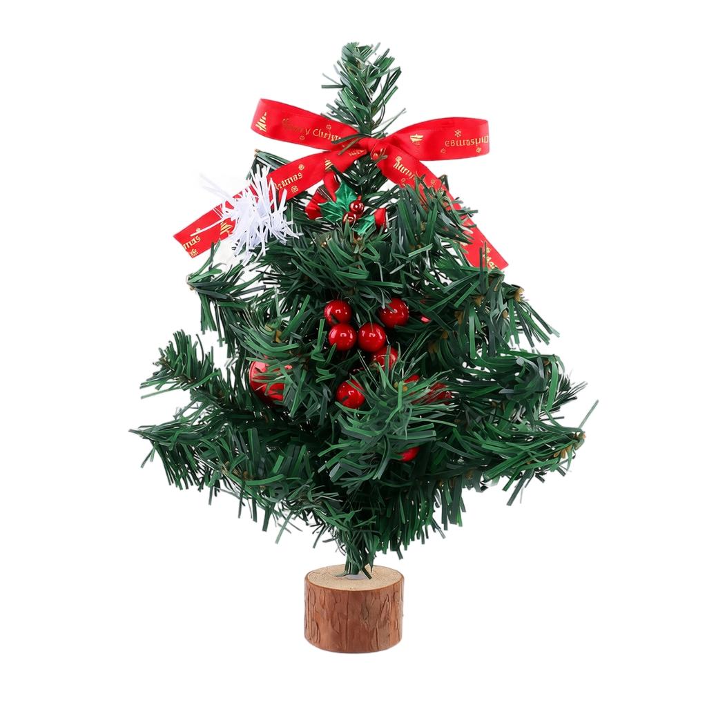 Miniature Artificial Christmas Tree with Decorative Red Berries and Ribbon on Wooden Base Small Tabletop Holiday Ornament