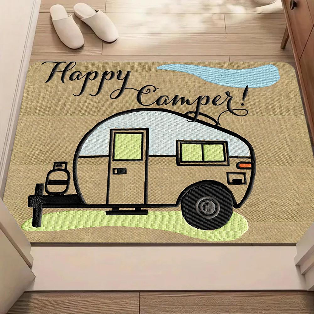 Vintage Camper Van Doormat with Stars Black Coir Rug Happy Camper Text Outdoor Adventure Decor Non-Slip Entrance Mat for Home